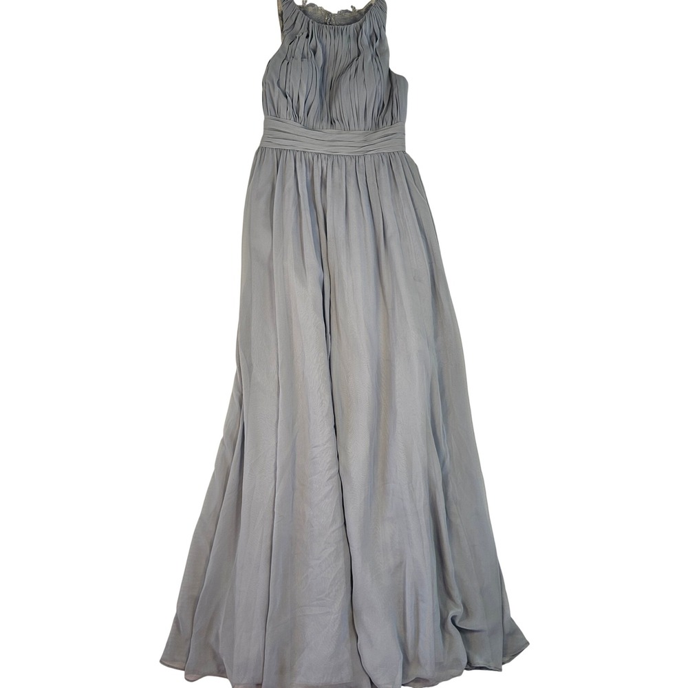Azazie Dusty Blue‎ Pleated Chiffon Maxi Bridesmaid Dress A4 Sleeveless Lace Trim